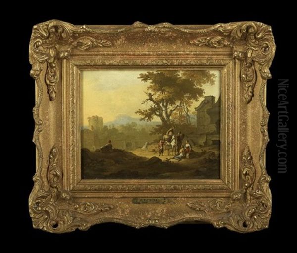 Travelers Conversing In An Italianate Landscape (+ Travelers With A White Horse Resting On A Bluff Near Ruins; Pair) Oil Painting by Franz de Paula Ferg