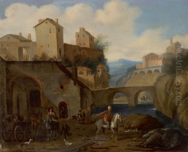 Beim Hufschmied Vor Einer Befestigung Mit Fluss Und Brucke Oil Painting by Franz de Paula Ferg