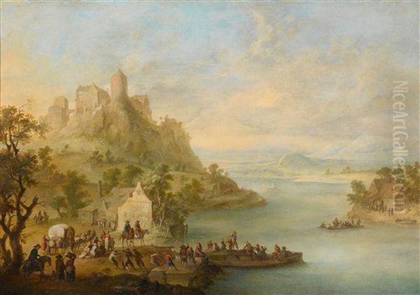 Eine Weite Flusslandschaft Mit Einem Fahrboot, Einer Hochgelegenen Burg Und Zahlreichen Personen Oil Painting by Franz de Paula Ferg