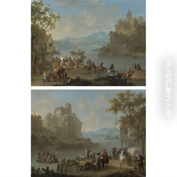 A Mountainous River Landscape With Numerous Figures On The Riverbank, Men Drinking In A Quayside Tavern Beyond (+ A Mountainous River Landscape With A Ferry Crowded With Figures Beneath A Castle; 2 Works) Oil Painting by Franz de Paula Ferg