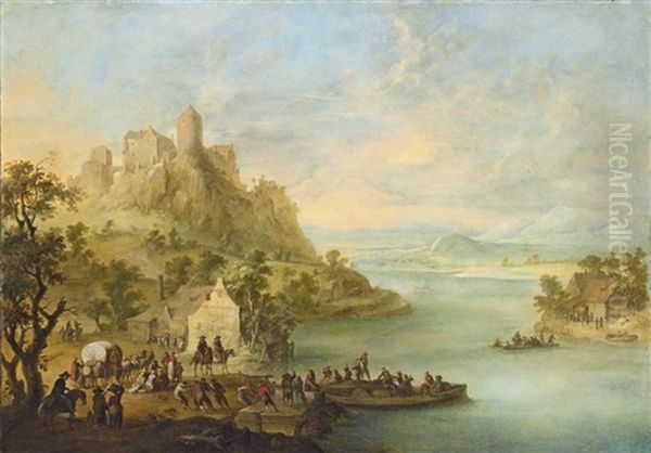 An Extensive River Landscape With Figures At A Ferry Oil Painting by Franz de Paula Ferg