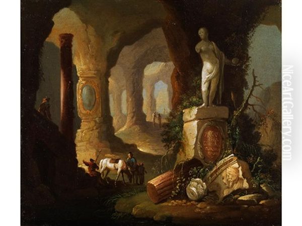 Grotte Mit Antiken Versatzstucken Und Figurenstaffage Oil Painting by Franz de Paula Ferg