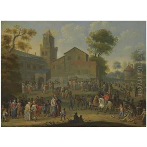 A Landscape With A Busy Market Scene Oil Painting by Franz de Paula Ferg