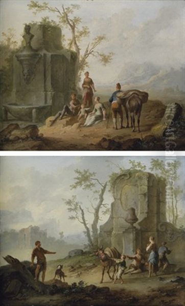 A Classical Landscape With A Family Resting By The Ruins Of A Fountain (+ Family Resting By The Ruins, A Boy With An Obstinate Mule; Pair) by Franz de Paula Ferg