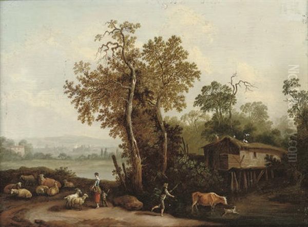 A Wooded River Landscape With A Shepherd And Shepherdess With Their Flock And Cattle Oil Painting by Franz de Paula Ferg