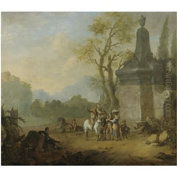 Peasants Conversing In An Italianate Landscape Oil Painting by Franz de Paula Ferg