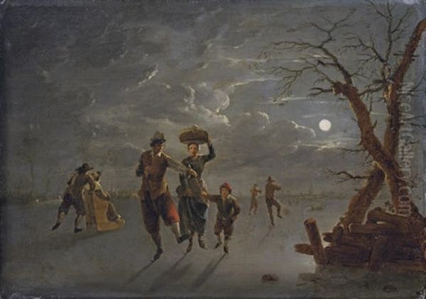 A Moonlit Winter Landscape With Skaters On A Frozen River Oil Painting by Franz de Paula Ferg