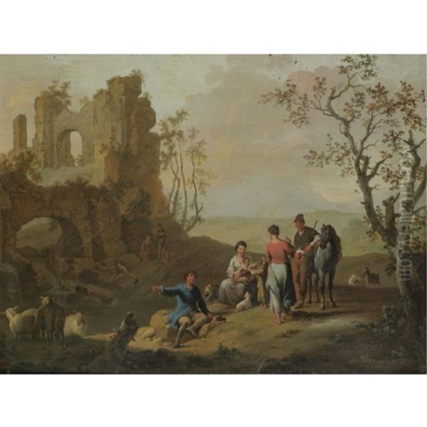 A Landscape With Figures Resting Near Classical Ruins by Franz de Paula Ferg