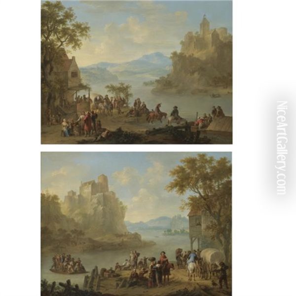 A Mountainous River Landscape With Numerous Figures On The Riverbank, Men Drinking In A Quayside Tavern Beyond (+ A Mountainous River Landscape With A Ferry Crowded With Figures Beneath A Castle; Pair Oil Painting by Franz de Paula Ferg