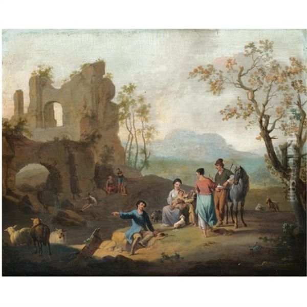 An Italianate Landscape With Travellers Resting Near Ruins And A Shepherd Tending His Flock Near A Stream Oil Painting by Franz de Paula Ferg