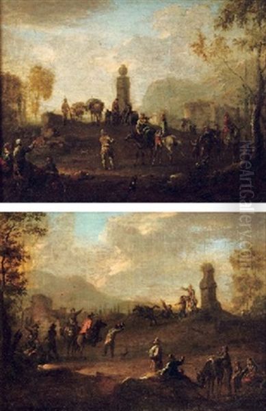 Peasants On Donkeys And On Foot Conversing Near A Monument (+ Gentlemen On Horses And On Foot, Conversing Near A Monument; Pair) Oil Painting by Franz de Paula Ferg