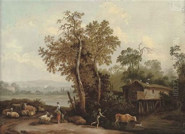 A Wooded River Landscape With A Shepherd And Shepherdess With Their Flock And Cattle Oil Painting by Franz de Paula Ferg