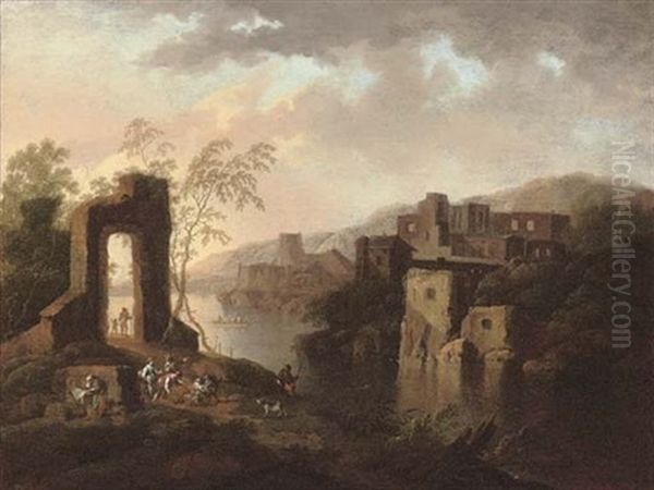 A River Landscape With Travellers On A Track By Ruins Oil Painting by Franz de Paula Ferg