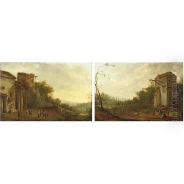 Paesaggio Con Contadini Presso Una Cascina (+ Another; Pair) Oil Painting by Franz de Paula Ferg