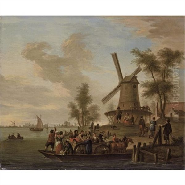 A River Landscape With A Ferry And A Windmill Oil Painting by Franz de Paula Ferg