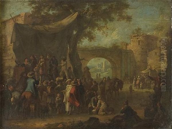 Numerous Figures Gathered At A Commedia Dell'arte With Ruined Buildings Beyond Oil Painting by Franz de Paula Ferg