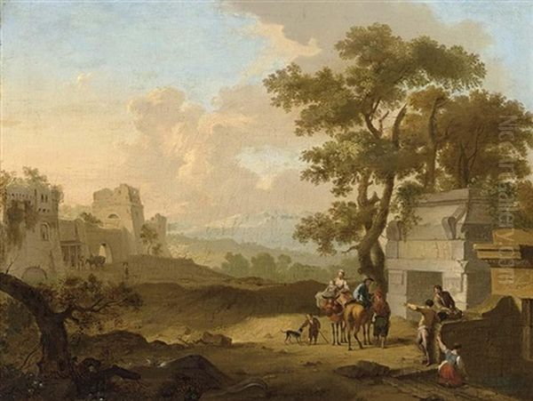 A Italianate Landscape With Travellers Conversing Before A Classical Tomb Oil Painting by Franz de Paula Ferg