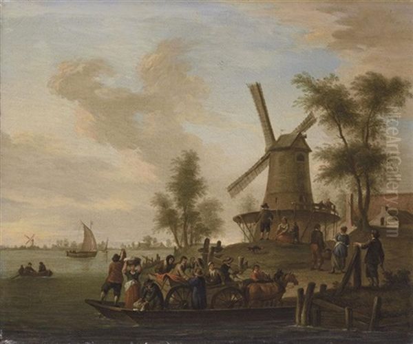 A River Landscape With A Ferry And A Windmill Oil Painting by Franz de Paula Ferg