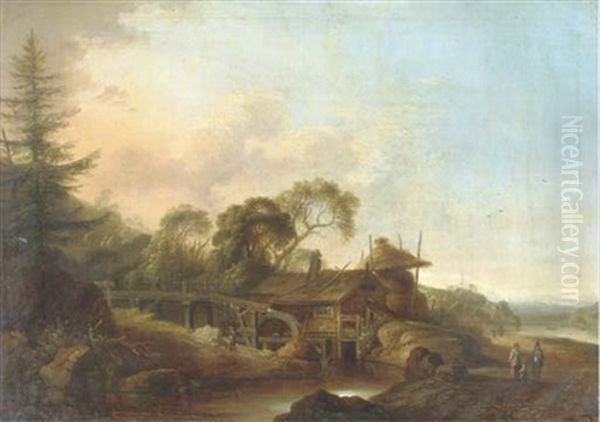 A Wooded River Landscape With A Watermill, Figures Conversing On A Path Nearby Oil Painting by Franz de Paula Ferg