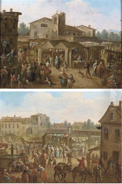 A Market Scene With Figures Gathered Around A Comedia Dell'arte Play (+ A Village Square With A Market, And Two Mules Near A Fountain In The Foreground; Pair) Oil Painting by Franz de Paula Ferg