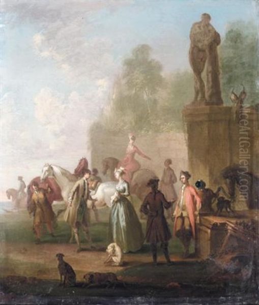 An Elegant Hunting Company In A Park Landscape Oil Painting by Franz de Paula Ferg