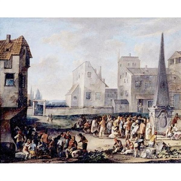 A Town Scene With Figures In A Square, Gathered Around An Obelisk Oil Painting by Franz de Paula Ferg