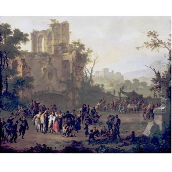 Peasants Merrymaking By A Ruin In A Mountainous Landscape Oil Painting by Franz de Paula Ferg