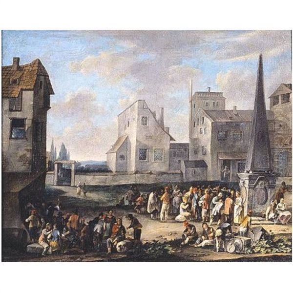 A Town Scene With Figures In A Square, Gathered Around An Obelisk Oil Painting by Franz de Paula Ferg