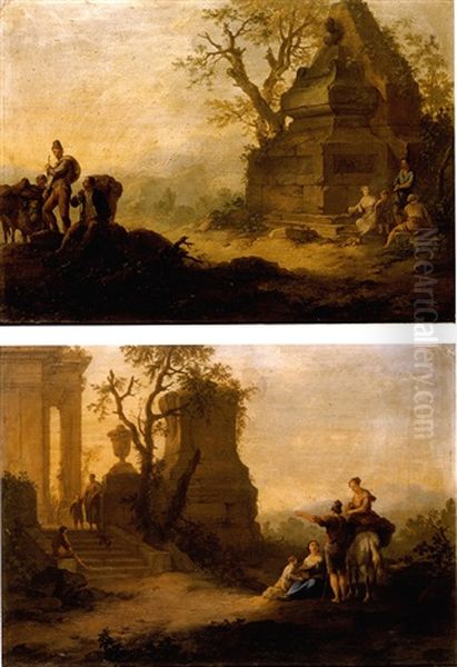 A Classical Landscape With Travellers Resting Before A Ruined Tomb Oil Painting by Franz de Paula Ferg