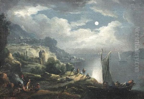 Bewaldete Fluslandschaft Bei Mondschein Oil Painting by Franz de Paula Ferg