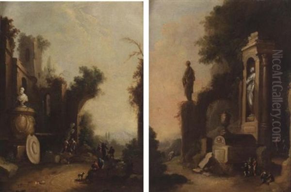 Italianate Landscape With Figures Amongst The Ruins Oil Painting by Franz de Paula Ferg