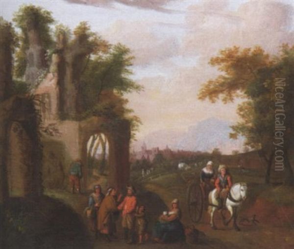 Reisende Vor Der Ruine Einer Gotischen Kirche. Im Hintergrund Die Silhouette Einer Stadt Oil Painting by Franz de Paula Ferg