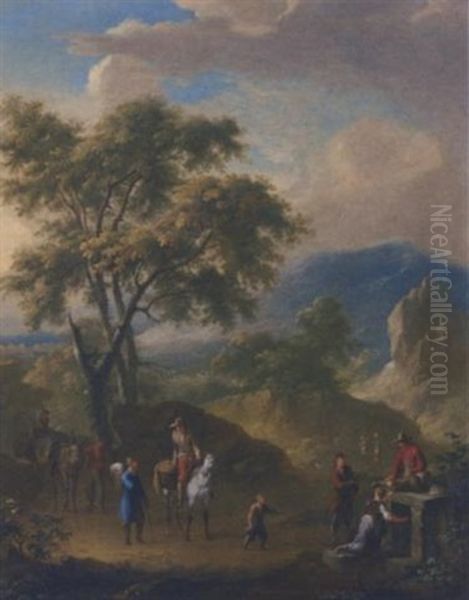 A Mountainous Landscape With Peasants Travelling On A Path Oil Painting by Franz de Paula Ferg