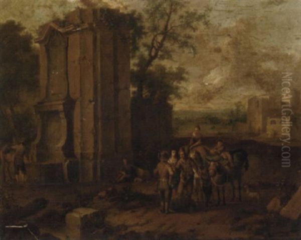 Mounted Travellers Amidst Classical Ruins And A Fountain Oil Painting by Franz de Paula Ferg