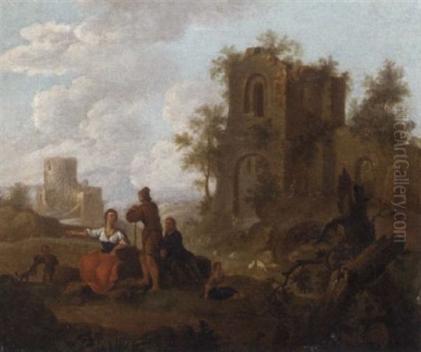 A Landscape With Figures Conversing Before Ruins Oil Painting by Franz de Paula Ferg