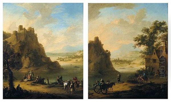 Rhenish Landscape With Figures At A Quay Beneath A Hilltop Castle Oil Painting by Franz de Paula Ferg