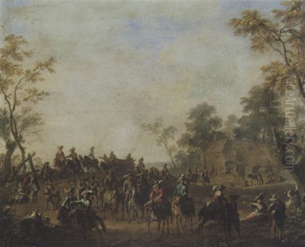 A Landscape With Travellers Leaving An Inn Oil Painting by Franz de Paula Ferg