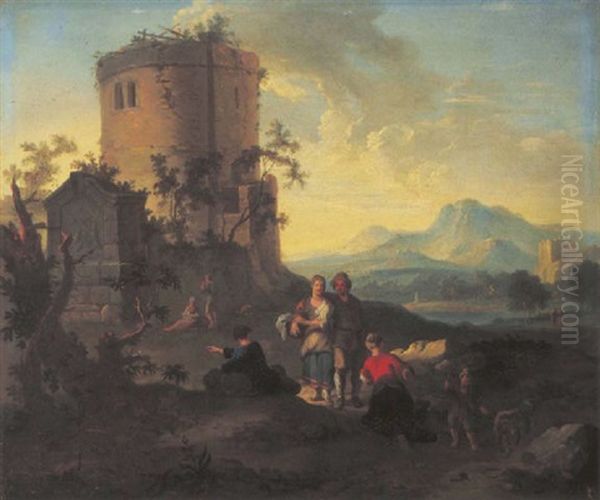 Peasants Resting In A Mountainous Landscape, A Ruined Tower Beyond by Franz de Paula Ferg