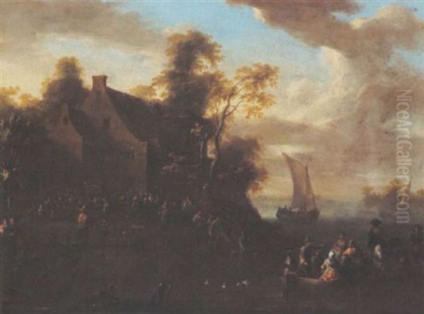 A River Scene With Peasants Returning In A Ferry From A Village Kermesse Oil Painting by Franz de Paula Ferg