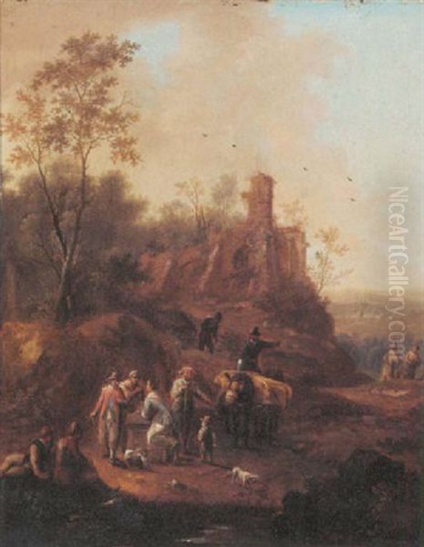 A Hilly Landscape With A Horse Drawn Wagon And Travellers Conversing On A Path Near A Ruin Oil Painting by Franz de Paula Ferg