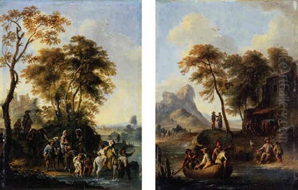 An Italianate Wooded Landscape With Travellers Crossing A River Oil Painting by Franz de Paula Ferg