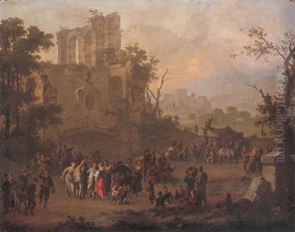 An Alpine Landscape With Peasants Merrymaking Among Ruins Oil Painting by Franz de Paula Ferg