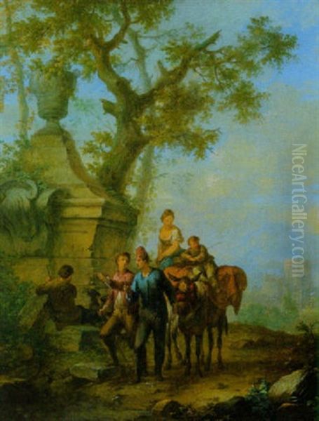 Bauernfamilie Mit Maultier Und Wanderer Vor Einem Denkmal Oil Painting by Franz de Paula Ferg