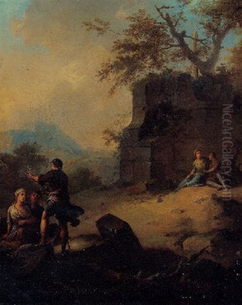 A Landscape With Soldiers And Peasants Amongst Ruins Oil Painting by Franz de Paula Ferg