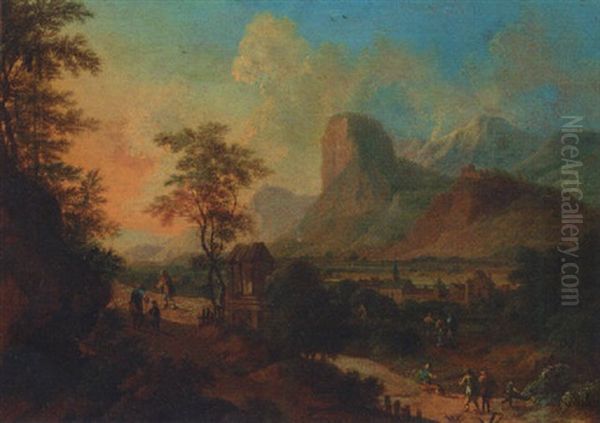 An Italianate Landscape With Figures On A Pass By A Shrine At Sunset Oil Painting by Franz de Paula Ferg