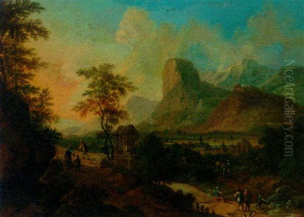 An Italianate Landscape With Figures On A Pass By A Shrine At Sunset Oil Painting by Franz de Paula Ferg