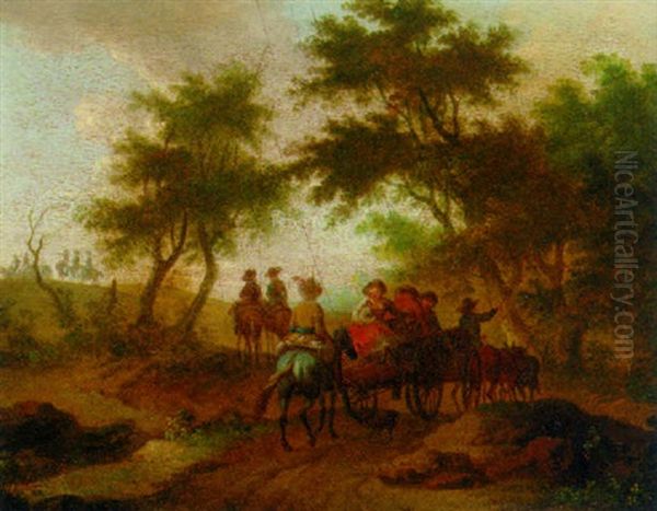 Travellers On Horseback With A Horse-drawn Cart Traversing A Wooded Track Oil Painting by Franz de Paula Ferg