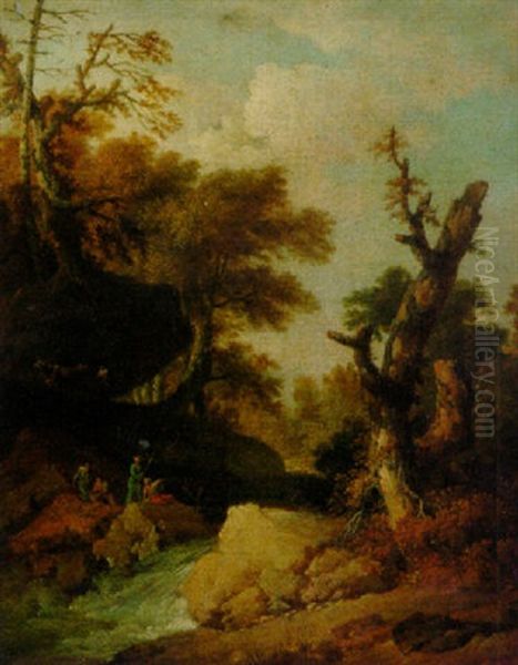 A Rocky River Landscape With Travellers Resting On A Bank Oil Painting by Franz de Paula Ferg