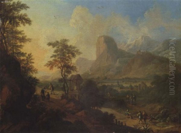 An Italianate Landscape With Figures On A Pass By A Shrine At Sunset Oil Painting by Franz de Paula Ferg