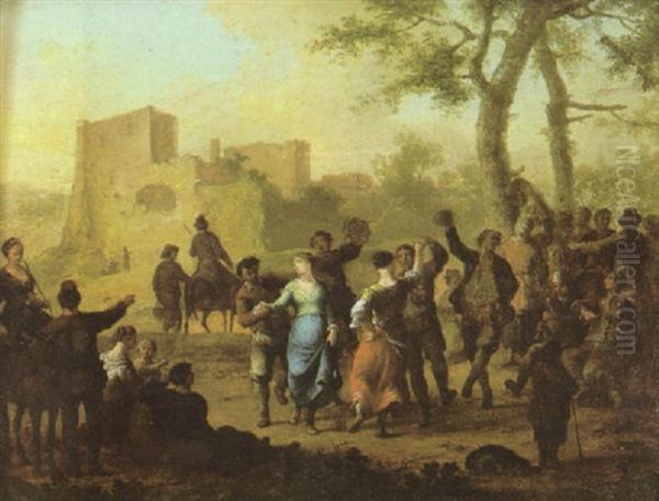 Figures Dancing With Numerous Onlookers And A View Of Ruins Beyond Oil Painting by Franz de Paula Ferg